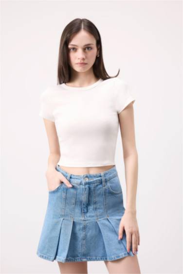 Fashion Fit Pileli Jean Mini Etek