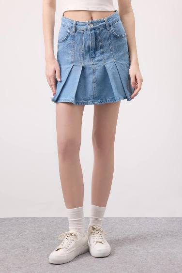Fashion Fit Pileli Jean Mini Etek