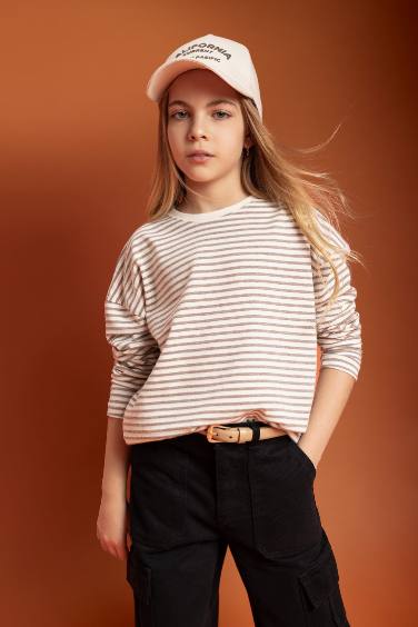 Girl Relax Fit Crew Neck Striped Long Sleeve T-Shirt