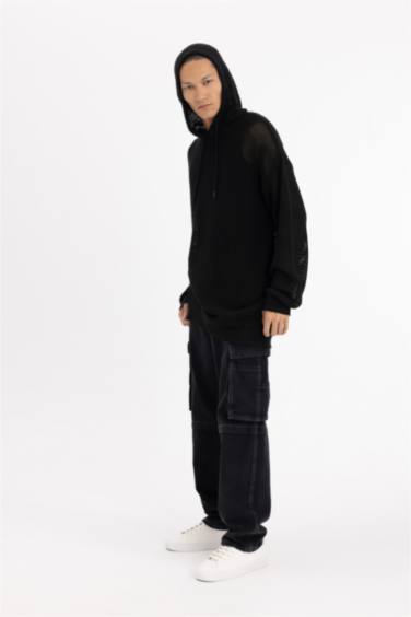 Regular Fit Kapüşonlu Kroşe Delikli Triko Sweatshirt