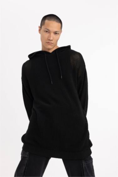 Regular Fit Kapüşonlu Kroşe Delikli Triko Sweatshirt