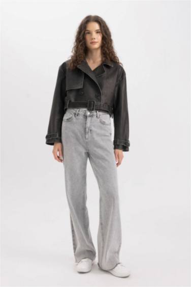 Su Geçirmez Regular Kalıp Kemerli Eskitme Deri Suni Kısa Ceket