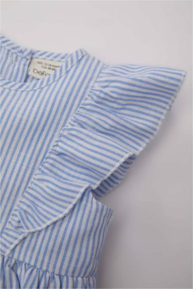 فستان بناتي كاروهات ذو مظهر كتاني قصة عادية بدون ردن