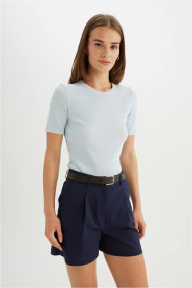 Slim Fit Dar Kesim Bisiklet Yaka Fitilli Kaşkorse Basic Düz Kısa Kollu Tişört