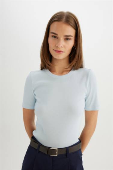 Slim Fit Dar Kesim Bisiklet Yaka Fitilli Kaşkorse Basic Düz Kısa Kollu Tişört