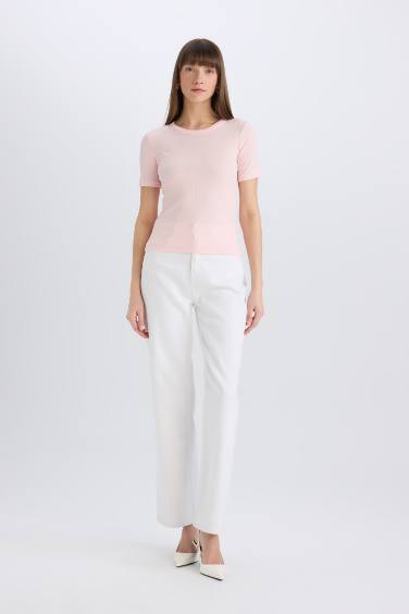 Slim Fit Dar Kesim Bisiklet Yaka Basic Düz Fitilli Kaşkorse Kısa Kollu Tişört