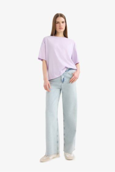 Oversize Geniş Kalıp Bisiklet Yaka Basic Düz Penye Kısa Kollu Tişört