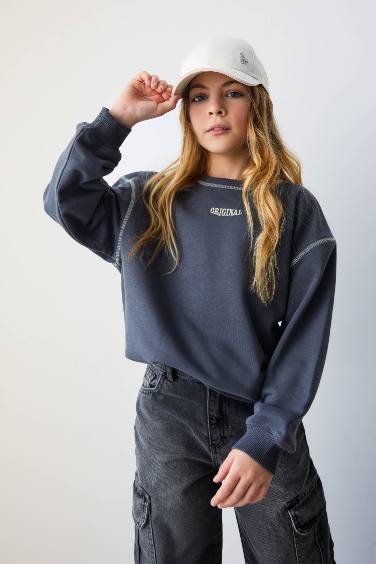 Kız Çocuk Oversize Fit Bisiklet Yaka Baskılı Sweatshirt