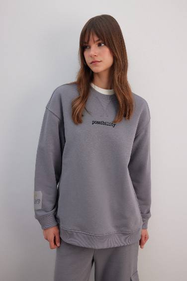 Regular Fit Bisiklet Yaka Baskılı Uzun Kollu Sweatshirt Tunik