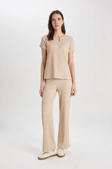 Bürümcük Pantolon Wide Leg Geniş Bol Paça Beli Lastikli