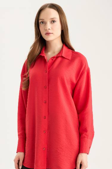 Tunique chemise rouge basique à manches longues Coupe décontractée