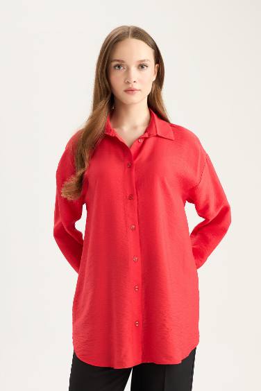 Relax Fit Basic Düz Uzun Kollu Kırmızı Gömlek Tunik