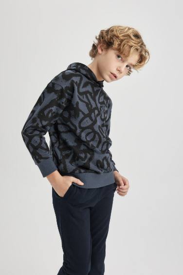 Boy Oversize Fit Hooded Patterned Sweatshirt