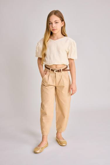 Girl Barrel Fit Wide Leg Cotton Belted Trousers