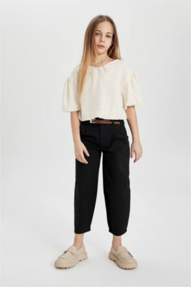 Girl Barrel Fit Wide Leg Cotton Belted Trousers