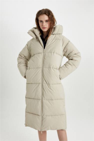 Su İtici Regular Kalıp Kapüşonlu Fermuarlı Cepli Uzun Mont Parka