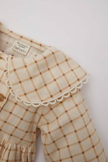 فستان كاروهات بيبي بناتي قصة عادية كم طويل بياقة بيبي