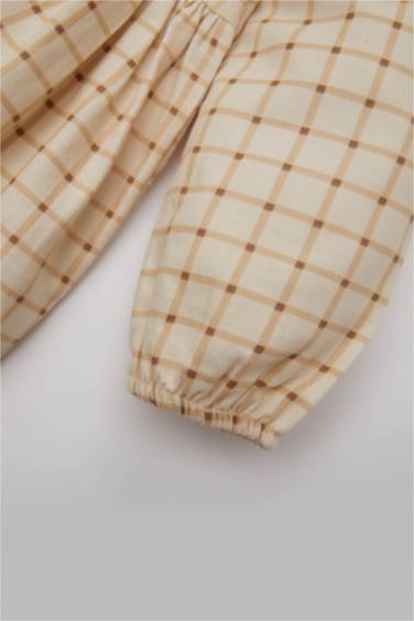 فستان كاروهات بيبي بناتي قصة عادية كم طويل بياقة بيبي