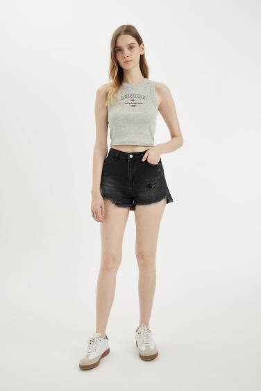 High Waist Cut Denim Shorts