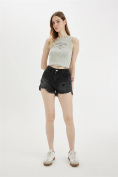 High Waist Cut Denim Shorts