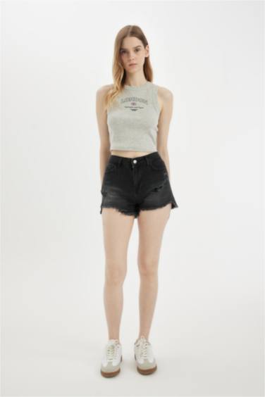 High Waist Cut Denim Shorts
