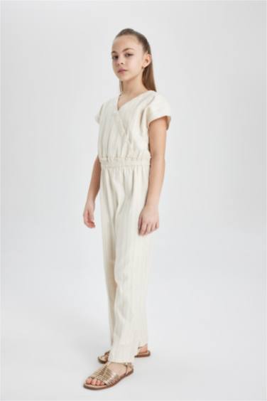 Girl V-Neck Short Sleeve Cotton Long Jumpsuit