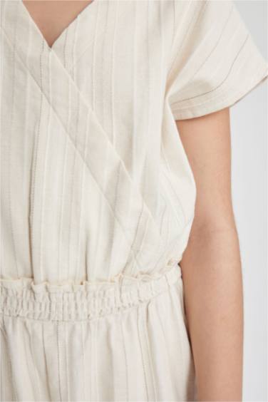 Girl V-Neck Short Sleeve Cotton Long Jumpsuit