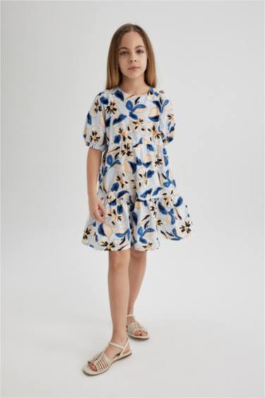 Girl Patterned Short Sleeve Poplin Dress