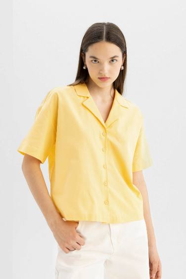 Oversize Fit Pajama Collar Flamed Cotton Shirt