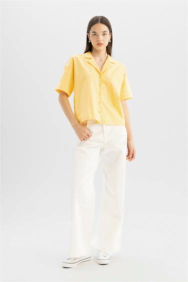 Oversize Fit Pajama Collar Flamed Cotton Shirt