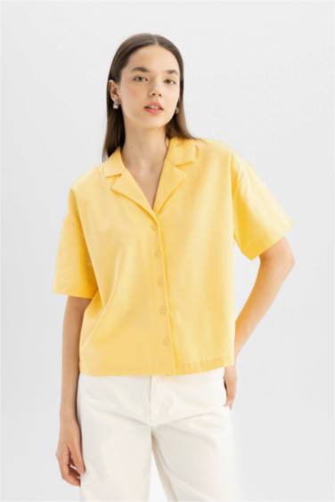 Oversize Fit Pajama Collar Flamed Cotton Shirt