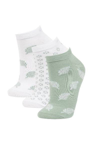 Woman Leaf Printed 3 Piece Cotton Bootie Socks