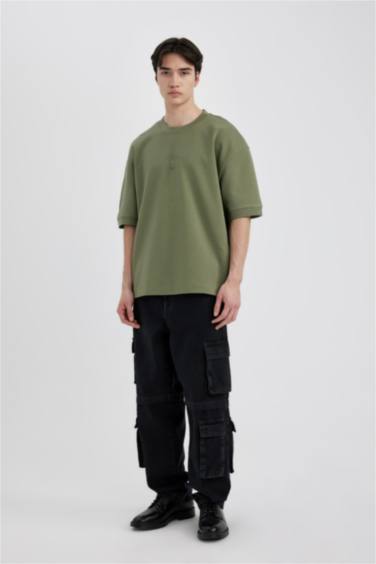 Loose Fit Crew Neck Slogan Printed Heavy Fabric T-Shirt