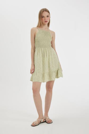 Coool Halter Yaka Çiçekli Maroken Askılı Mini Elbise