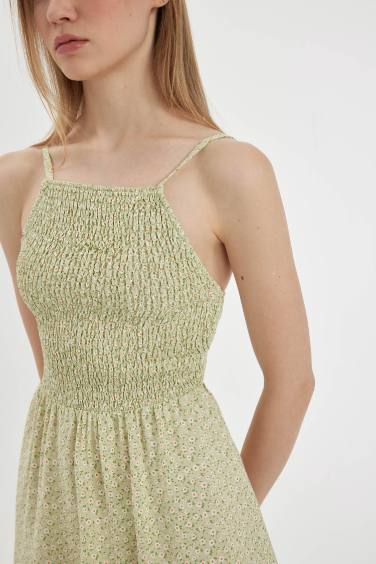 Coool Halter Yaka Çiçekli Maroken Askılı Mini Elbise