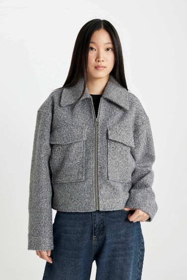 Jacket en Laine Coupe Régulière à Col Polo