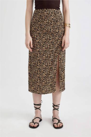 A Form Leopar Desenli Yırtmaçlı Maroken Midi Etek