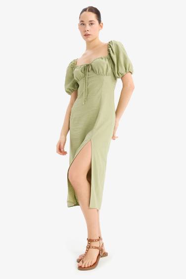 Сердечный Вырез Льняное Короткий Рукав Миди Платье