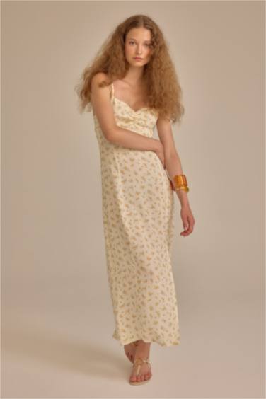 Sweetheart Neckline Floral Leather Strap Midi Dress