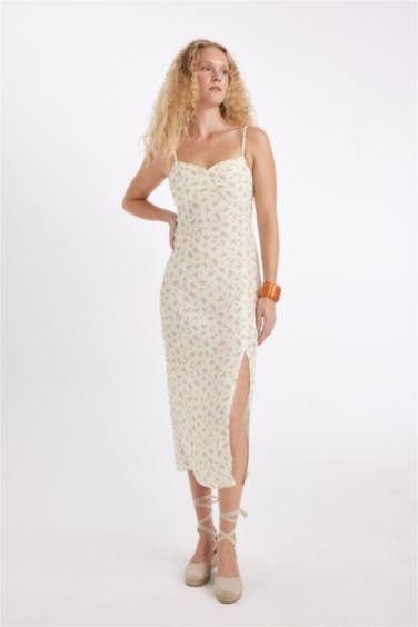 Sweetheart Neckline Floral Leather Strap Midi Dress