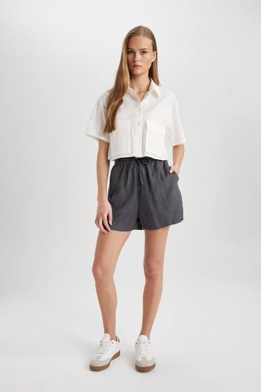 Regular Fit High Waist Linen Blend Shorts