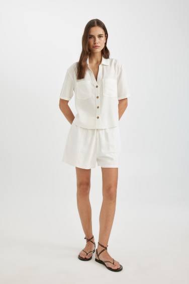 Regular Fit High Waist Linen Blend Shorts