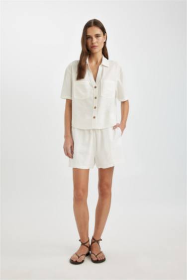 Regular Fit High Waist Linen Blend Shorts