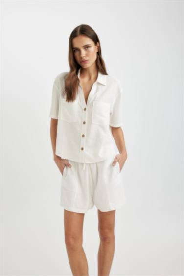 Regular Fit High Waist Linen Blend Shorts