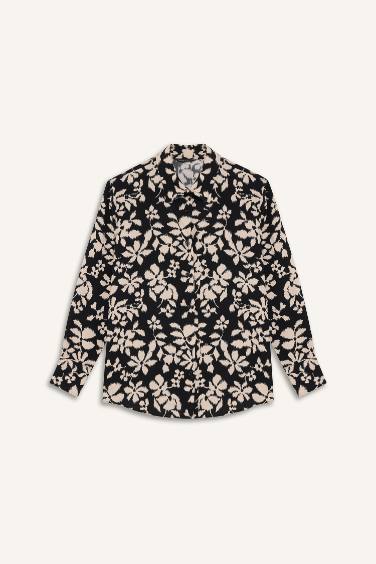 Oversize Fit Shirt Collar Printed Long Sleeve Tunic