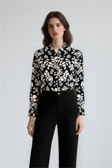 Oversize Fit Shirt Collar Printed Long Sleeve Tunic