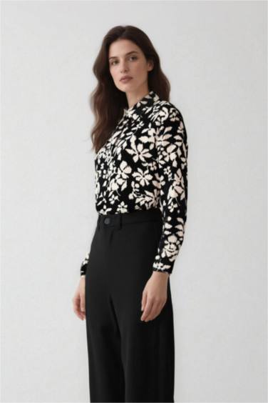 Oversize Fit Shirt Collar Printed Long Sleeve Tunic