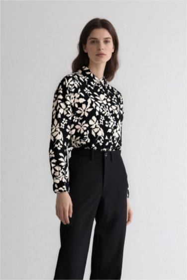 Oversize Fit Shirt Collar Printed Long Sleeve Tunic