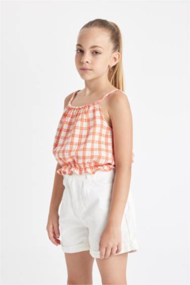 بلوزة كاروهات بناتي نص كم برتقالي قطن