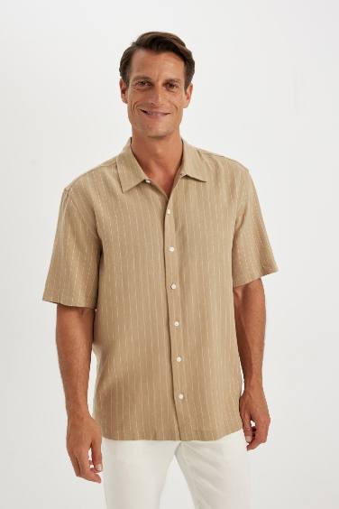 Relax Fit Polo Neck Striped Linen Shirt